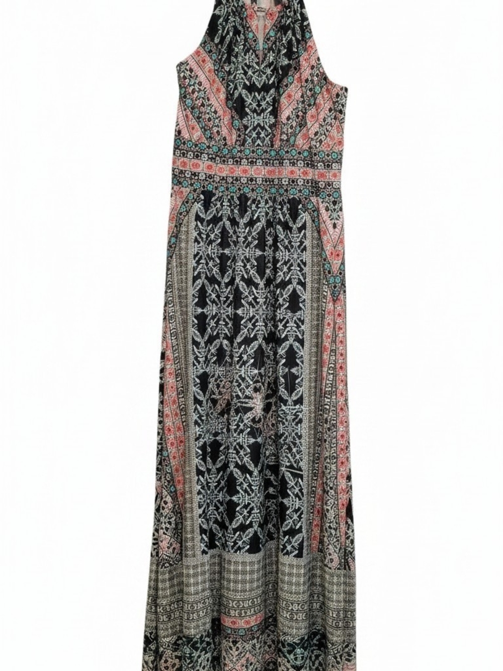Sleeveless Black Floral Print Maxi Dress with Coral Accents